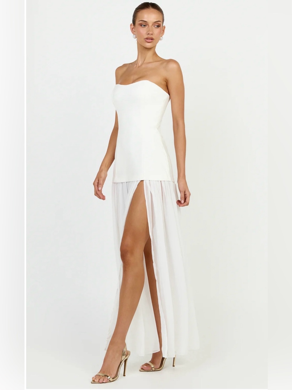 NWT Showpo JOCELYN Ivory Strapless Bustier Top Sheer Bottom Maxi Dress size 4